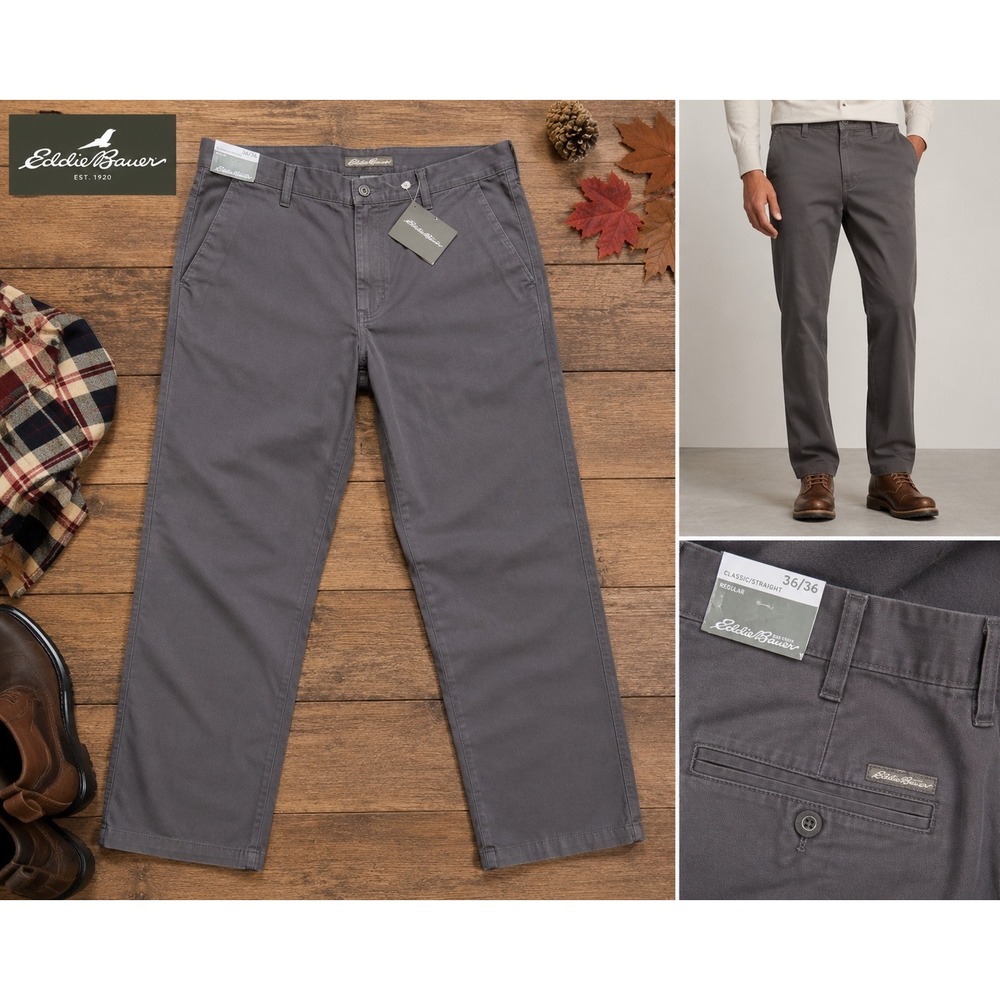 Eddie Bauer Mens Chino Pants 36x36 Gray Charcoal Classic Straight 100 Cotton NWT